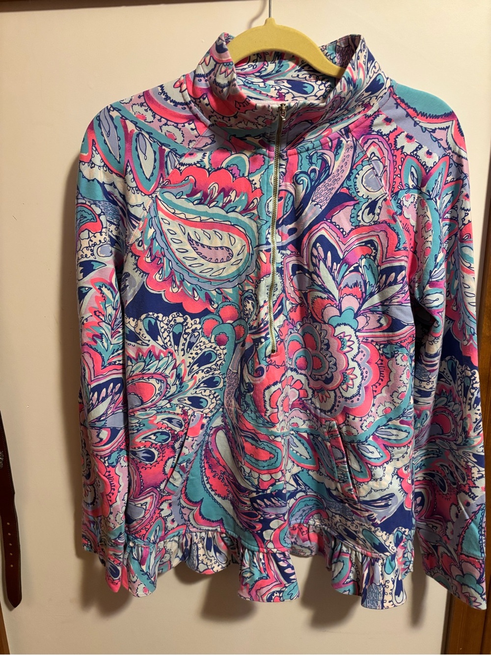 Lilly Pulitzer Blue Paisley Half-Zip Ruffle Top - READ - Picture 2 of 6